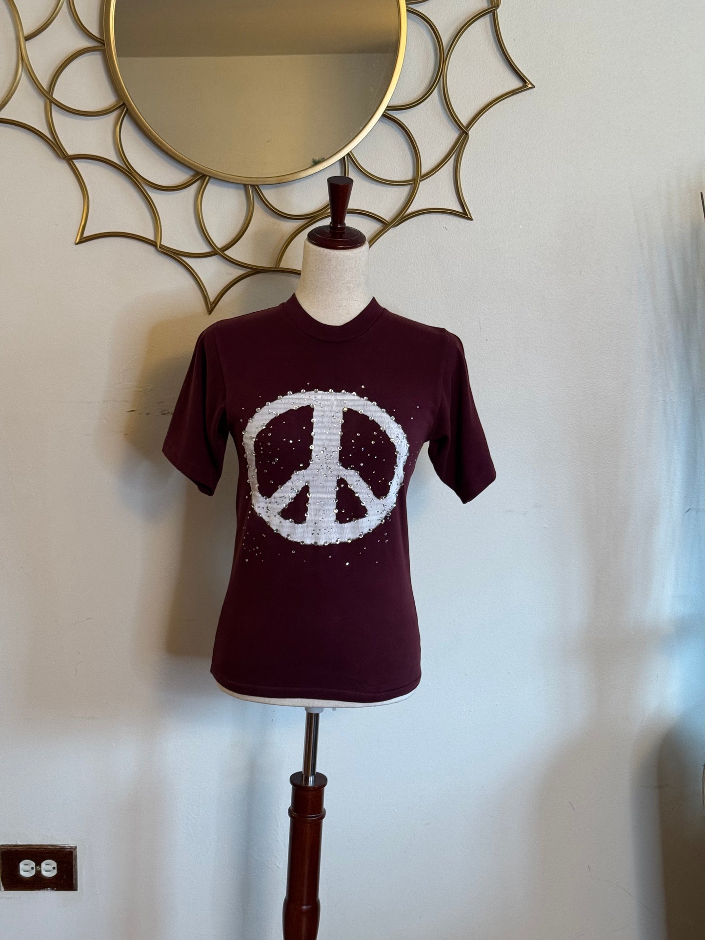 Burgundy Peace Sign Rhinestone Tee